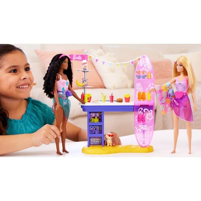 Barbie Beach Boardwalk Playset With Barbie Brooklyn & Malibu Dolls, 2 Stands & 30+ Accessories 1 Barbie Beach Boardwalk Playset With Barbie Brooklyn & Malibu Dolls, 2 Stands & 30+ Accessories