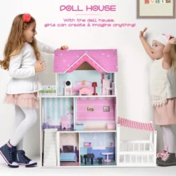Qaba Kids Wooden Multi-Level Dream House Villa Kit With Furniture And Accessories -Barbie Store GUEST 9806cde6 7467 4888 afbe 7167465ac474
