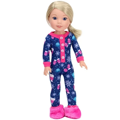 Sophia’s One Piece Winter Pajamas And Slippers For 14.5" Dolls, Blue/Hot Pink 2 Sophia’s One Piece Winter Pajamas And Slippers For 14.5" Dolls, Blue/Hot Pink - Image 2