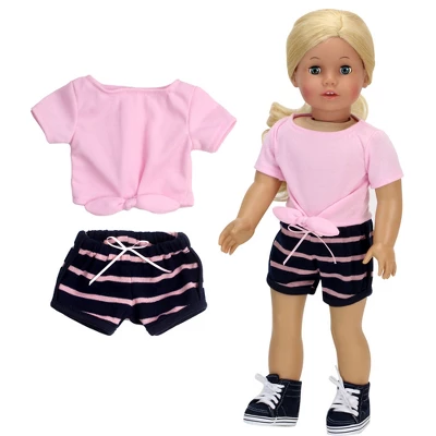 Sophia’s 2 Piece Summer Outfit With Tie Front Tee And Striped Shorts For 18" Dolls, Pink/Navy 2 Sophia’s 2 Piece Summer Outfit With Tie Front Tee And Striped Shorts For 18" Dolls, Pink/Navy - Image 2