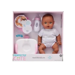 Perfectly Cute Feed & Wet 14" Baby Set - Dark Brunette With Brown Eyes
